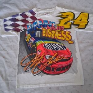 Men All Over Print  White Racing Graphic Tee with Yellow Accents Sz.L